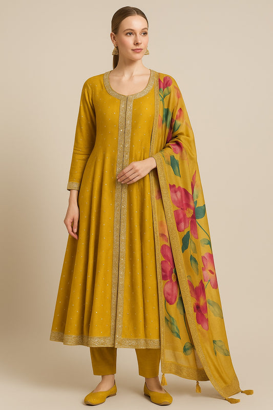 Yellow Tissue Fabric Kurti Set with Floral Print & Dupatta – Elegant Festive Wear for Women