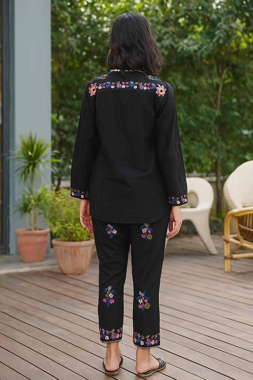 Black Cotton Embroidered Co-ord Set for Women – Handcrafted Floral Pattern Kurta & Pant | Natural Fab