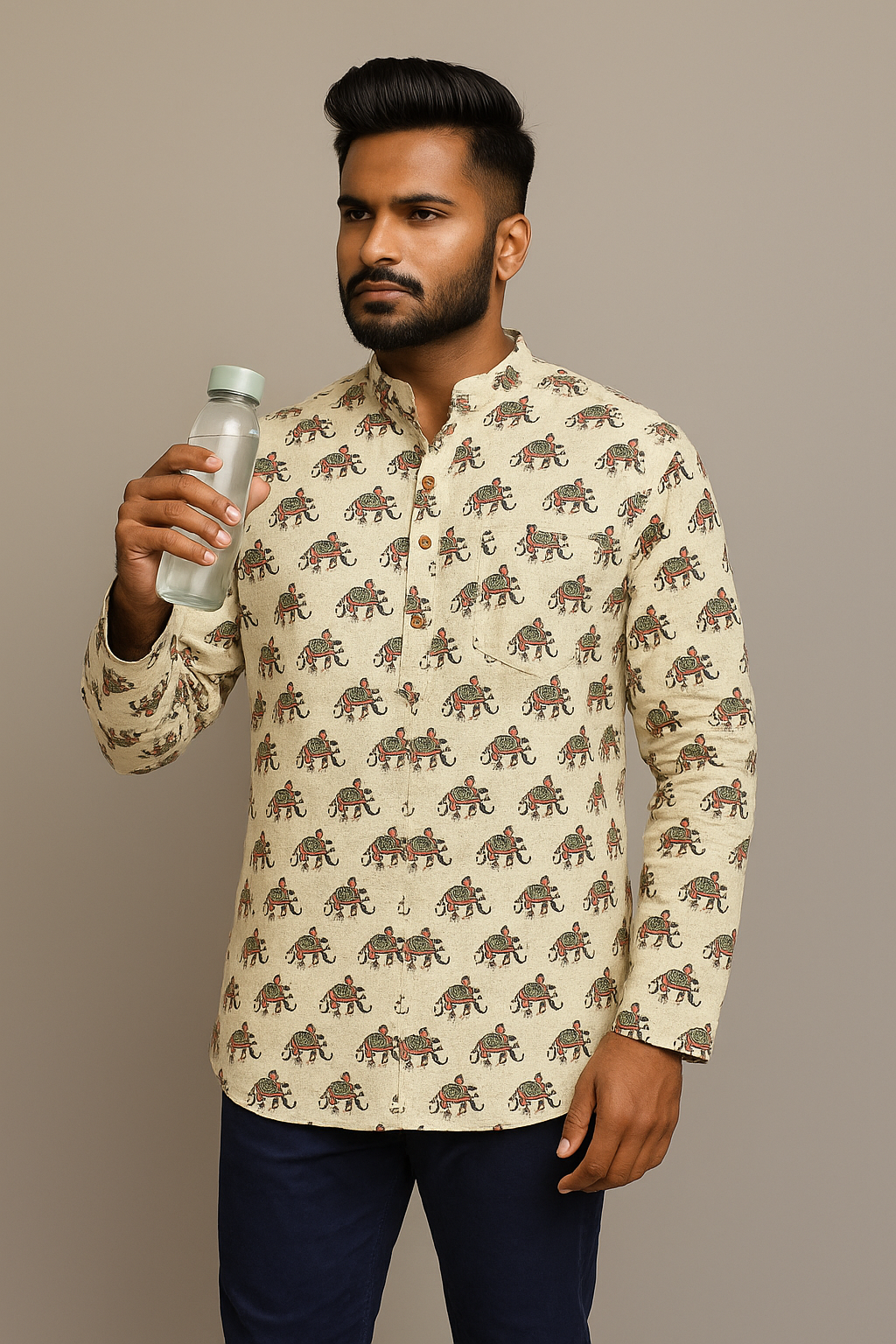 Handblock Printed Cotton Short Kurta for Men