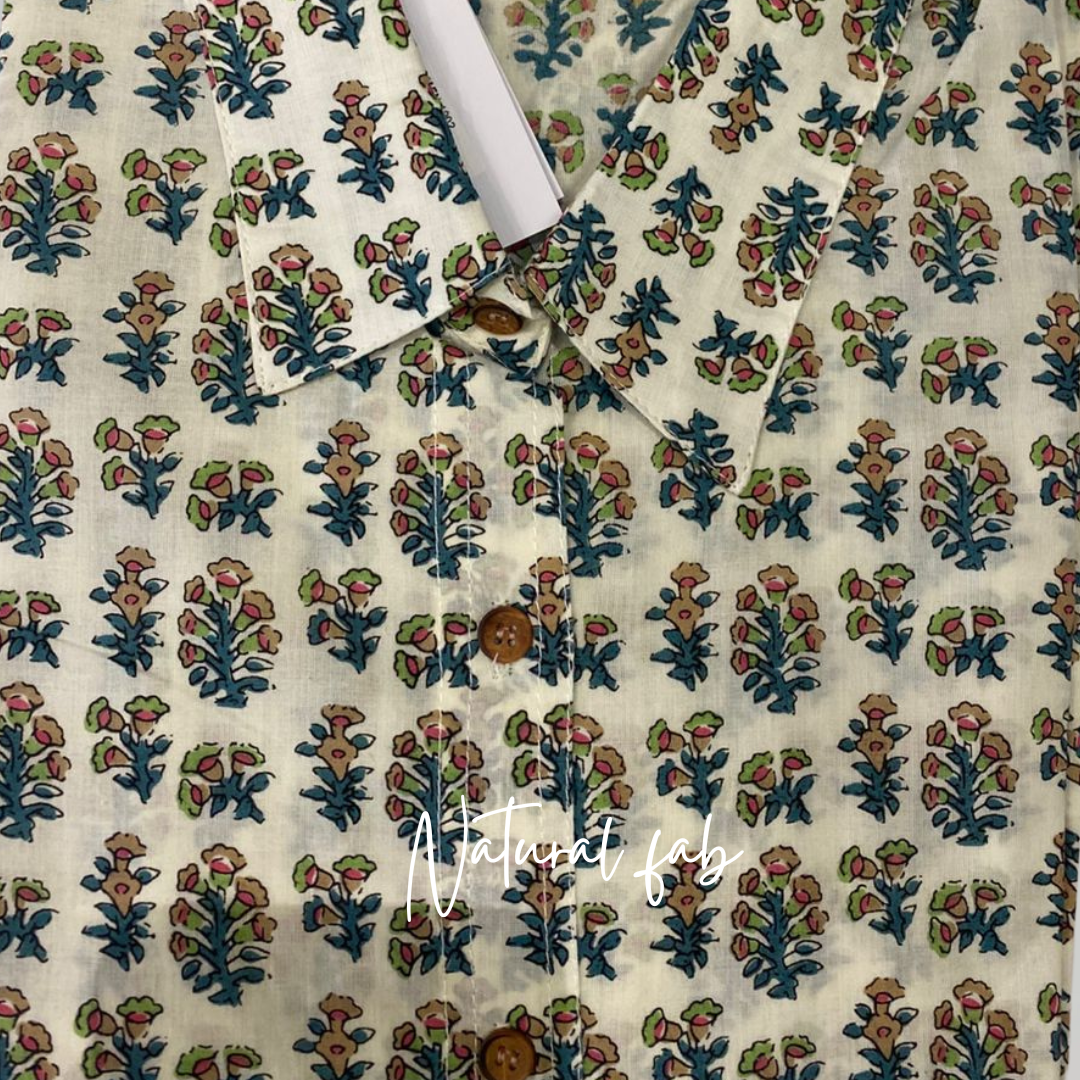 Natural Fab White Floral Block Print Cotton Shirt for Women – Ethnic Handcrafted Casual Wear