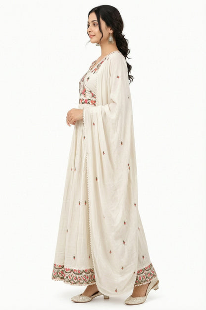 Natural Fab Women’s Ivory Mal Cotton Floral Anarkali Kurti Set with Dupatta & Angrakha-Style Neck