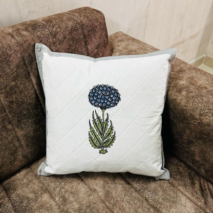 Premium Embroidered Floral Quilted Cushion Cover – White & Grey