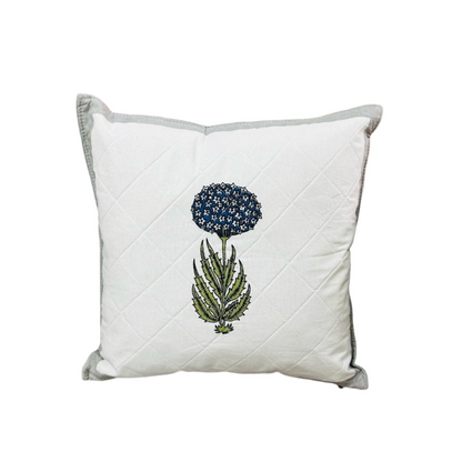 Premium Embroidered Floral Quilted Cushion Cover – White & Grey