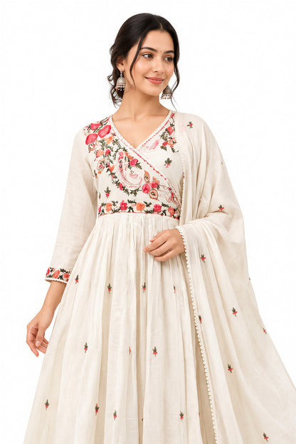 Natural Fab Women’s Ivory Mal Cotton Floral Anarkali Kurti Set with Dupatta & Angrakha-Style Neck