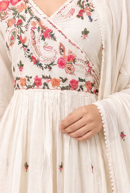 Natural Fab Women’s Ivory Mal Cotton Floral Anarkali Kurti Set with Dupatta & Angrakha-Style Neck