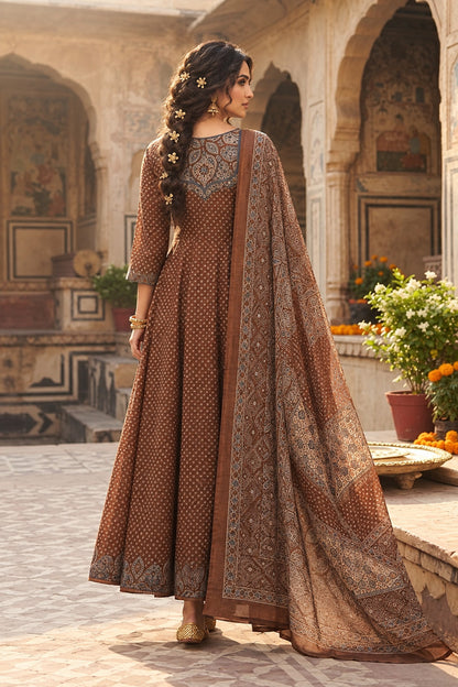 Natural Fab Women’s Brown Ethnic Printed Anarkali Kurti Set with Pants & Dupatta – 3 Piece