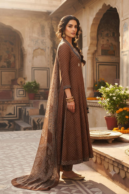 Natural Fab Women’s Brown Ethnic Printed Anarkali Kurti Set with Pants & Dupatta – 3 Piece