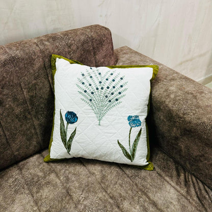 Handcrafted White & Green Floral Quilted Cushion Cover