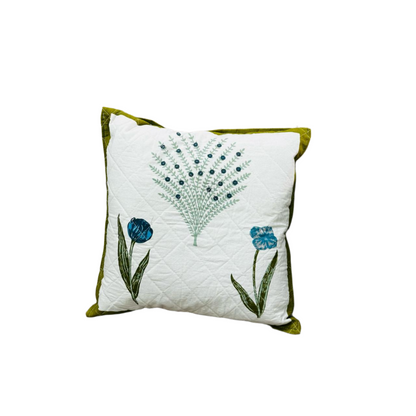 Handcrafted White & Green Floral Quilted Cushion Cover