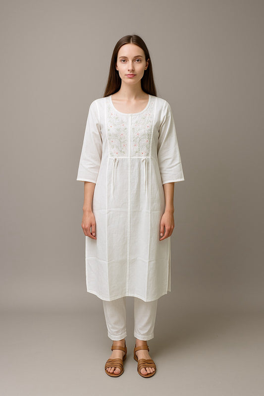Elegant White Embroidered Kurti Set