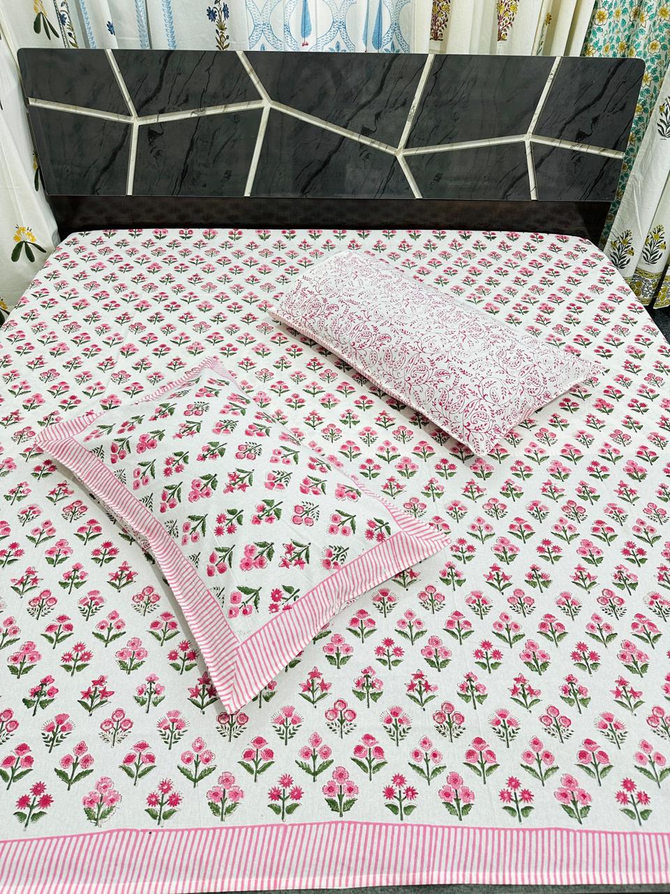 Handblock Super King Size Bedsheet with Pink Floral Print