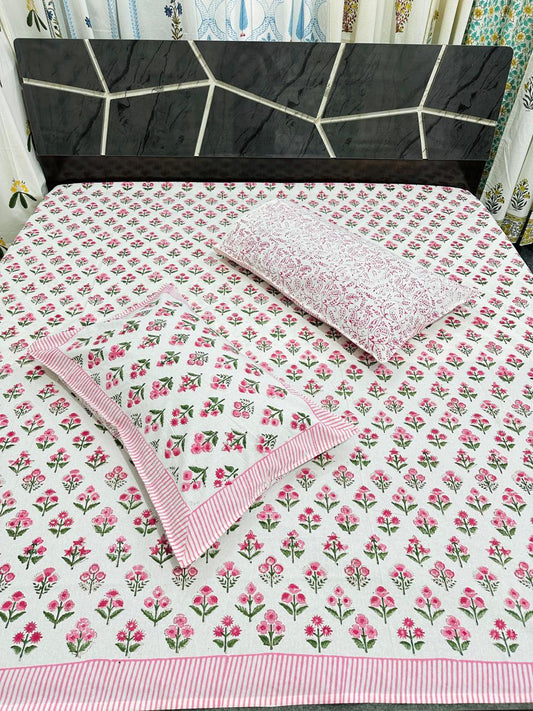 Handblock Super King Size Bedsheet with Pink Floral Print