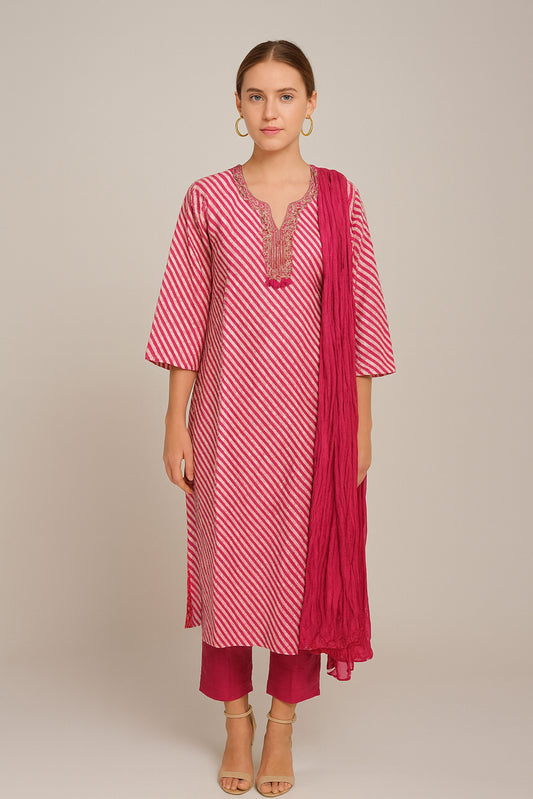 Fuchsia Drift 100% Cotton Diagonal Stripe Kurti Dupatta Set – Casual Chic Ensemble