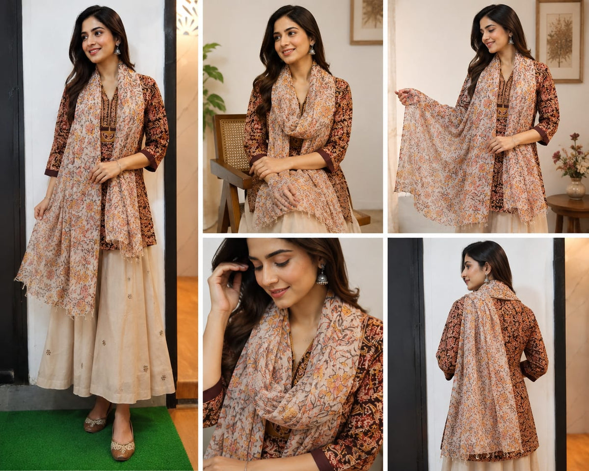 Natural Fab Gulbhar Women’s Kota Doria Hand Block Printed Floral Dupatta with Tassels
