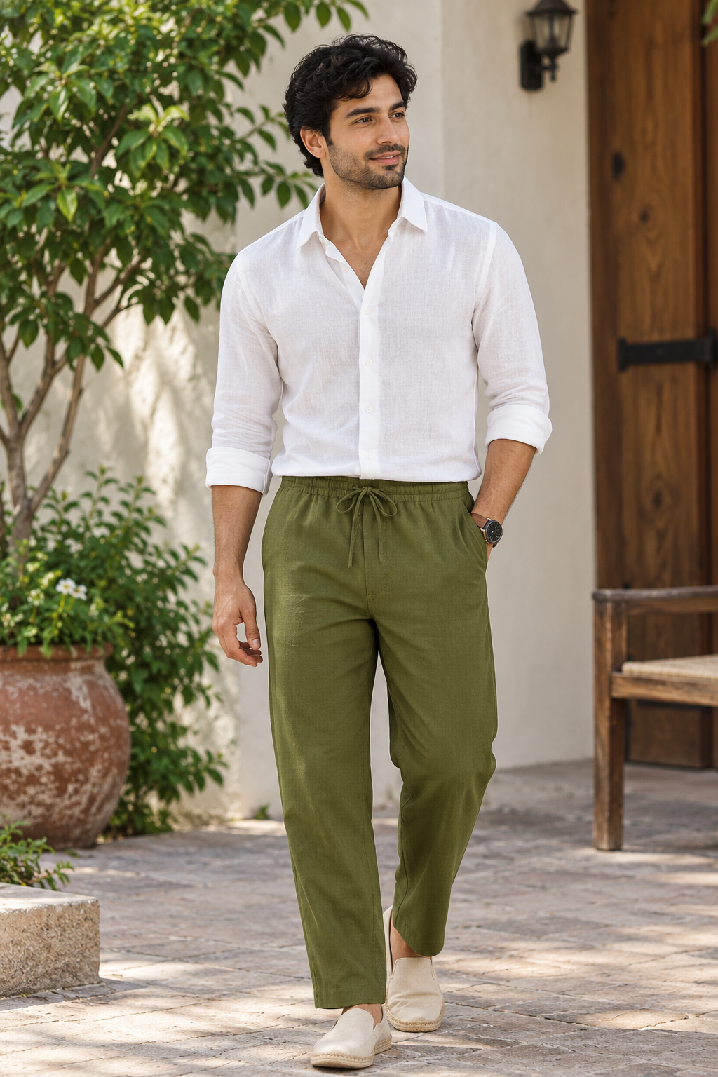 Men's Olive Green Linen-Blend Trousers – Relaxed Fit Drawstring Waist Casual Pants