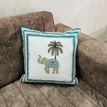 Handcrafted Quilted Elephant & Palm Tree Cushion Cover