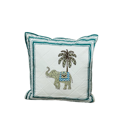 Handcrafted Quilted Elephant & Palm Tree Cushion Cover