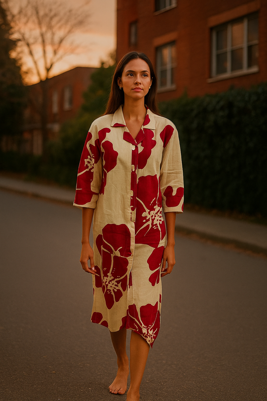 Beige & Crimson Abstract Floral Co-ord Set