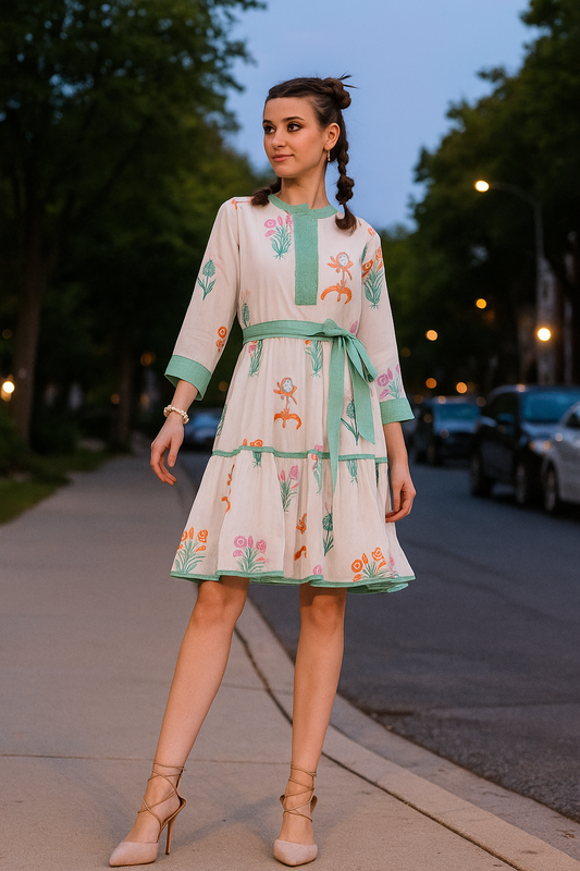 Elegant Hand-Block Printed Belted Dress