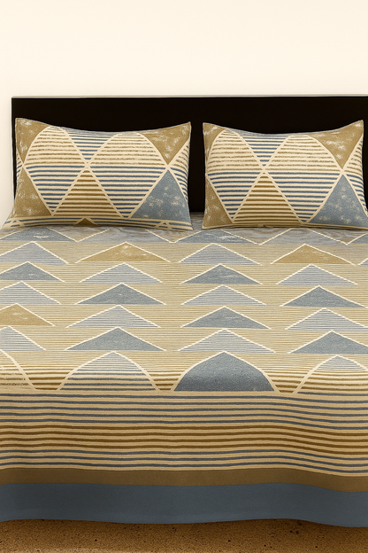 Beige & Blue Cotton Double Bedsheet Set – Elegant Triangle Stripe Design with Pillow Covers