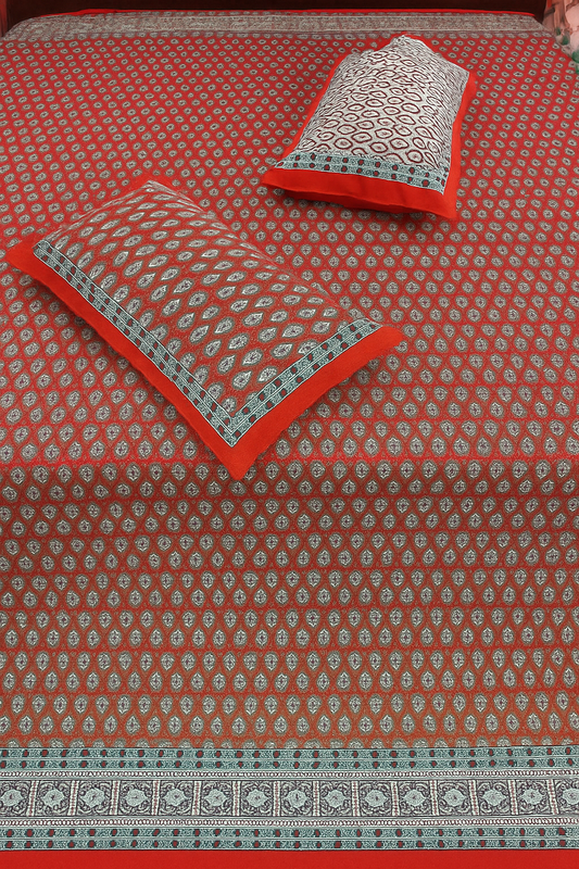 100% Cotton Double Bedsheet with Pillow Covers – Red Traditional Print, Size 100x108 Inches