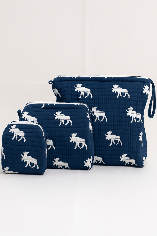 Navy Blue Cotton Toiletry Pouch Set of 3 – Travel Makeup & Cosmetic Organizer Bags with Animal Print