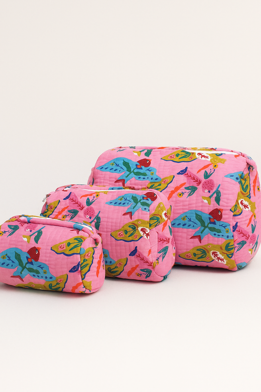 Pink Cotton Toiletry Pouch Set of 3 – Colorful Travel Makeup & Cosmetic Organizer Bags | Handcrafted Print