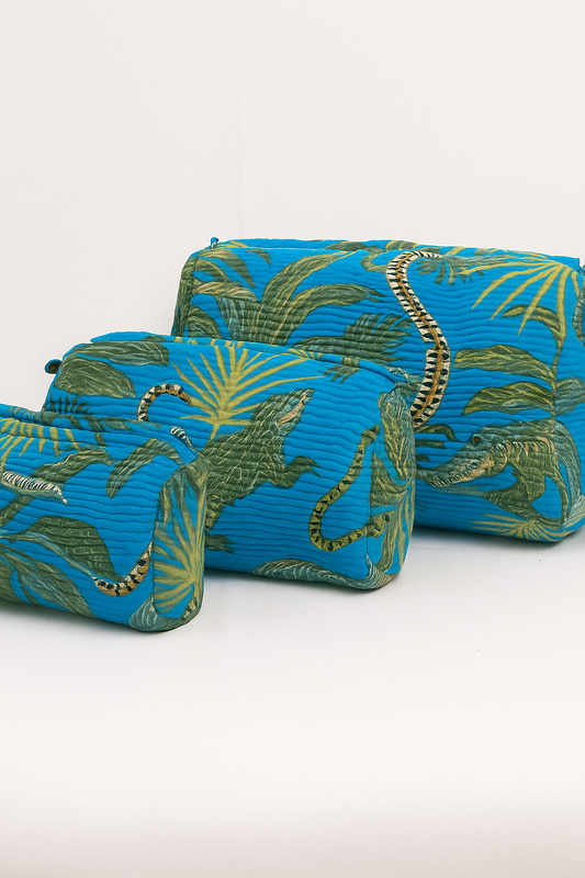 Blue Travel Toiletry Pouch Set of 3 – Cotton Makeup & Cosmetic Organizer Bags with Jungle Print