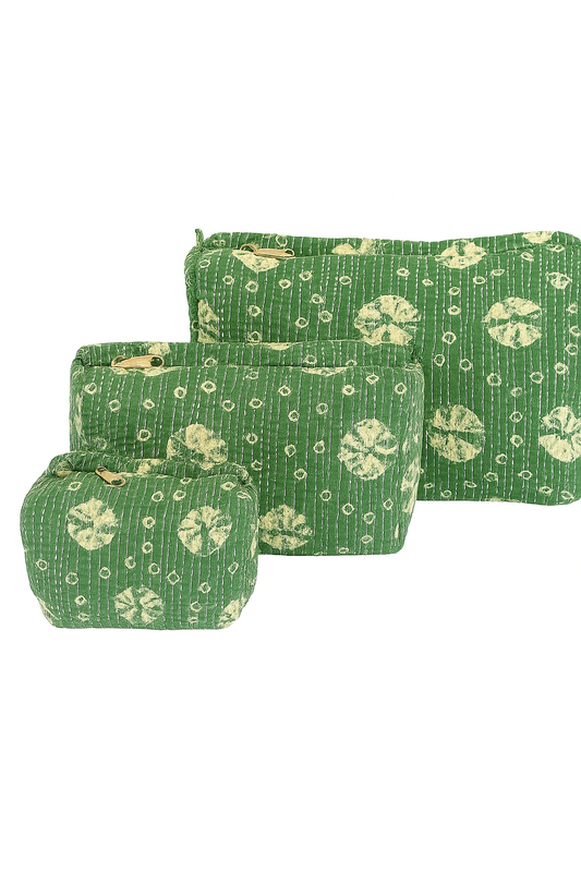 Handcrafted Green Cotton Quilted Pouch Set – Set of 3 | Travel & Toiletry Organizers