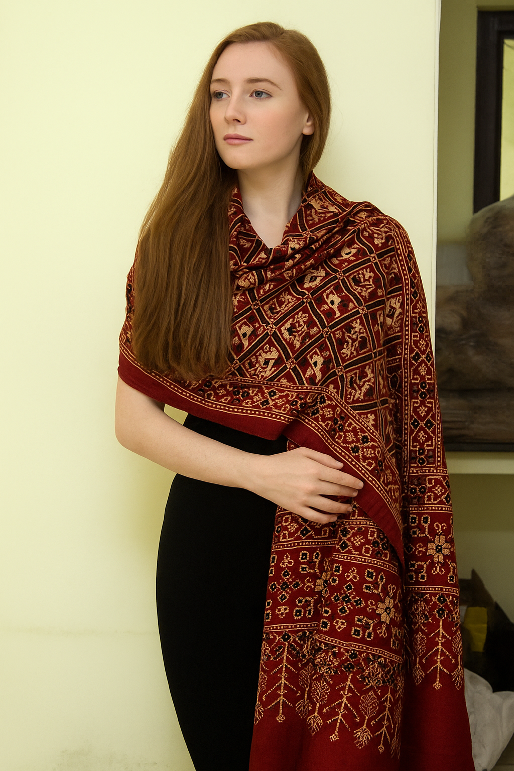 Red Ajrakh Gaji Silk Stole with Elephant Motifs | Handcrafted Heritage Design