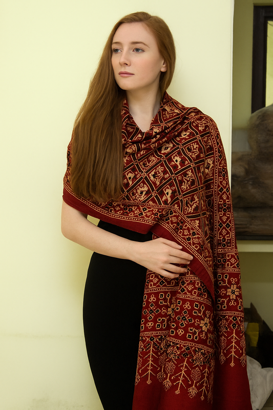 Red Ajrakh Gaji Silk Stole with Elephant Motifs | Handcrafted Heritage Design