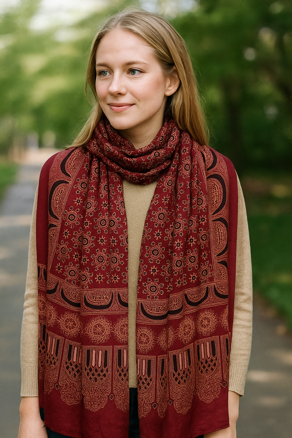 Red Ajrakh Gaji Silk Stole with Circular & Crescent Motifs | Handcrafted Block Print