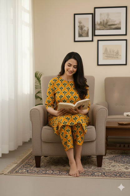 Every Day Cotton Kurta Pant Set for Women – Yellow Handblock Printed Daily Wear Outfit