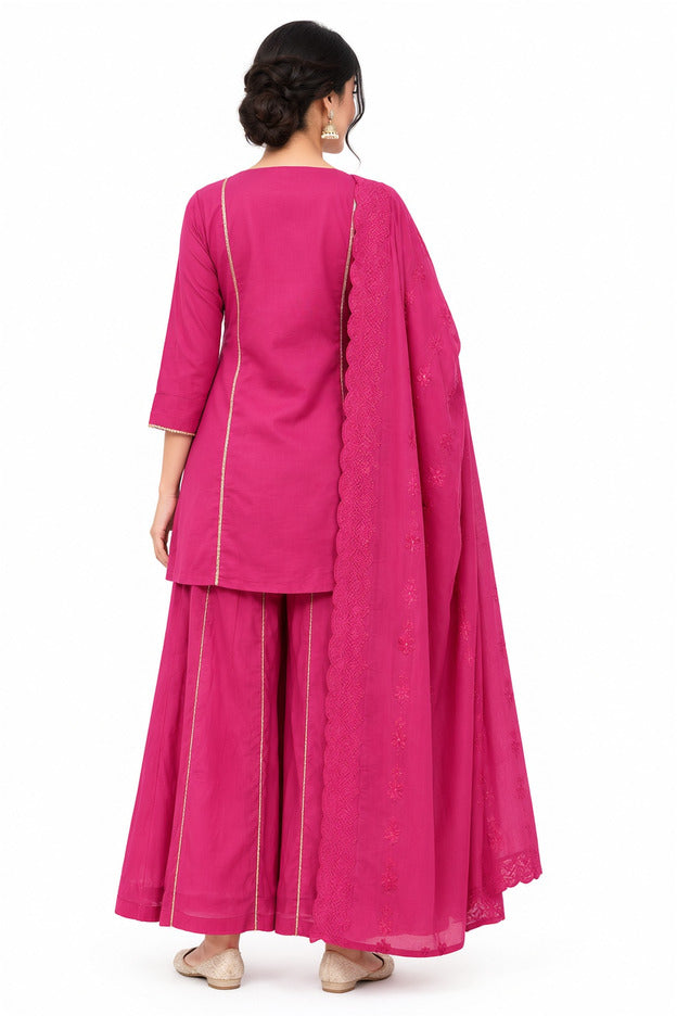 Natural Fab Women’s Rani Pink Cotton Kurti Set with Flared Palazzo Pants & Embroidered Dupatta