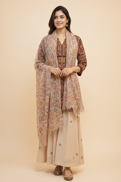 Natural Fab Gulbhar Women’s Kota Doria Hand Block Printed Floral Dupatta with Tassels