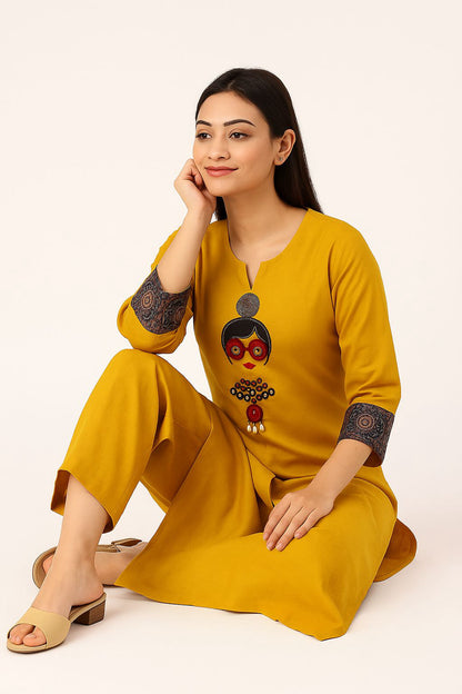 Mustard Yellow Cotton Kurta Set for Women | Handcrafted Embroidered Kurti with Palazzo | Ethnic Wear by Natural Fab