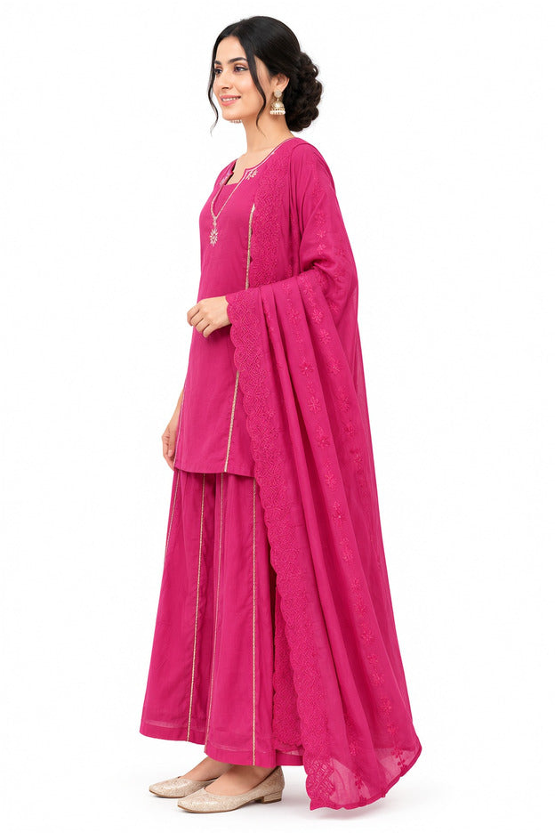 Natural Fab Women’s Rani Pink Cotton Kurti Set with Flared Palazzo Pants & Embroidered Dupatta