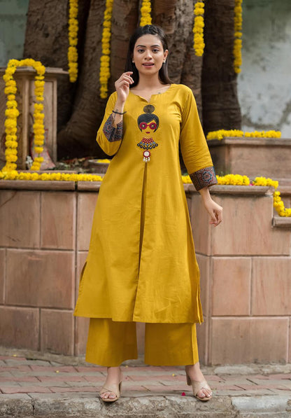 Mustard Yellow Cotton Kurta Set for Women | Handcrafted Embroidered Kurti with Palazzo | Ethnic Wear by Natural Fab