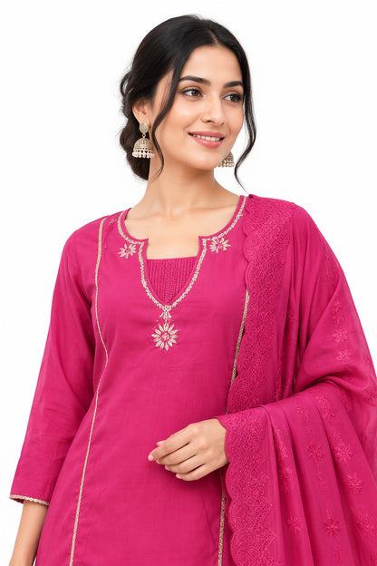 Natural Fab Women’s Rani Pink Cotton Kurti Set with Flared Palazzo Pants & Embroidered Dupatta