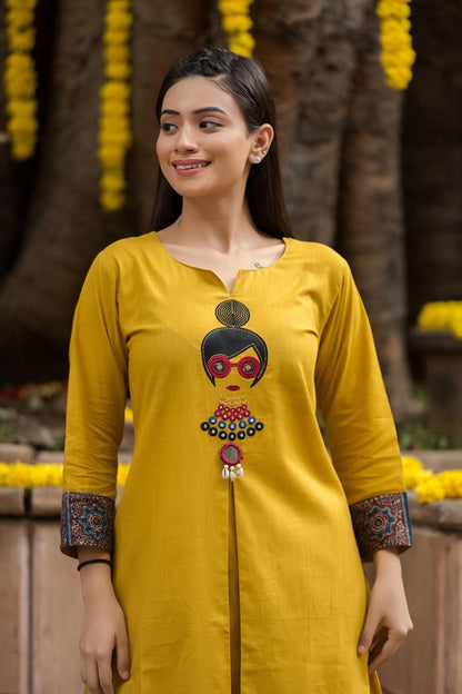 Mustard Yellow Cotton Kurta Set for Women | Handcrafted Embroidered Kurti with Palazzo | Ethnic Wear by Natural Fab