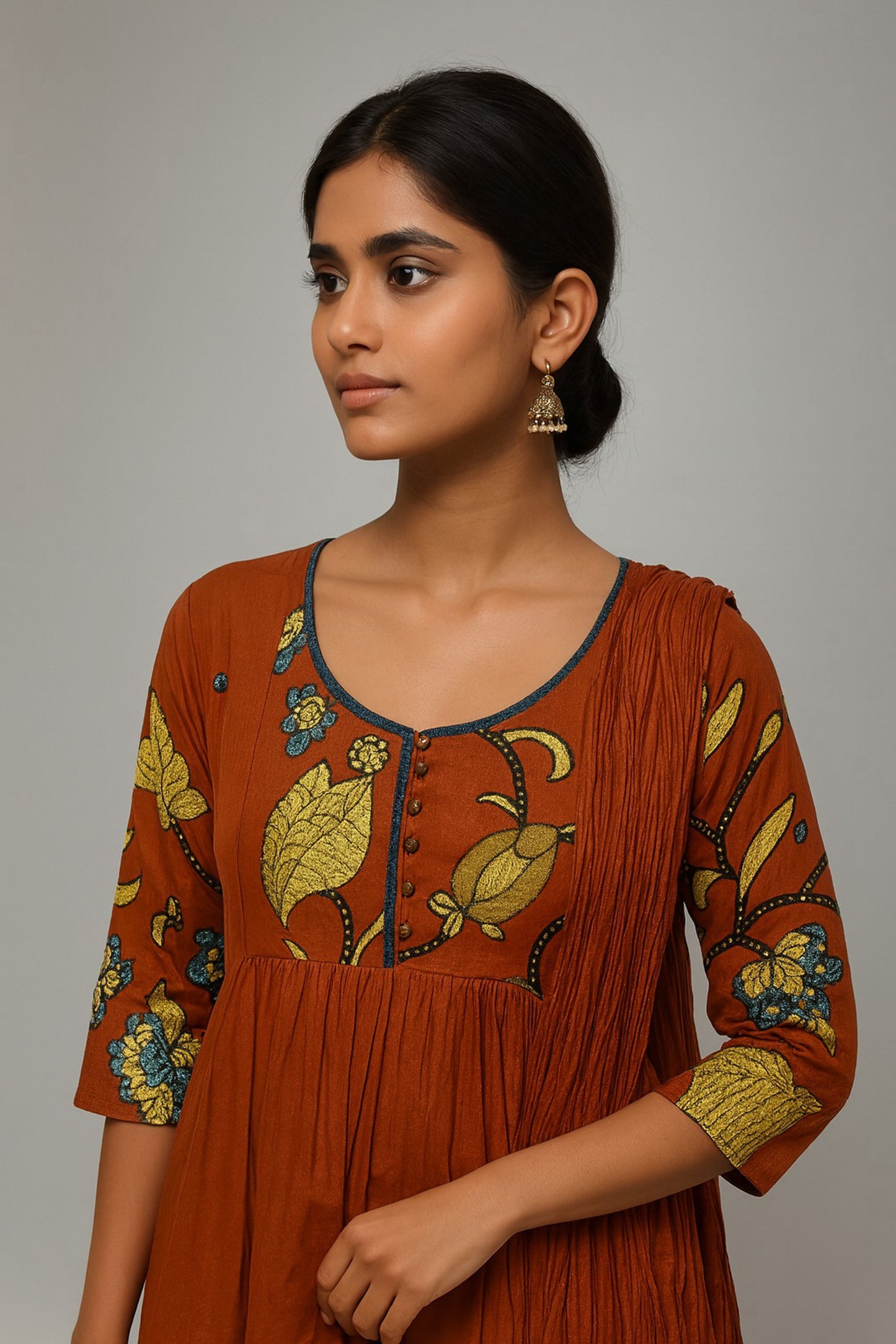 Rust Red Floral Fusion Cotton Kurta Set with Printed Detailing