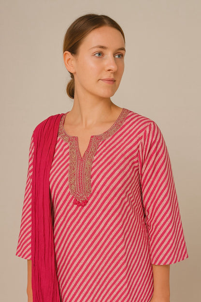 Fuchsia Drift 100% Cotton Diagonal Stripe Kurti Dupatta Set – Casual Chic Ensemble