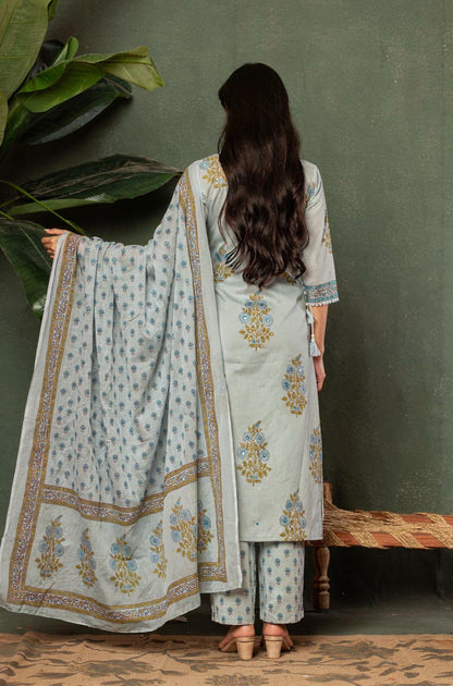 Natural Fab Women’s Light Blue Floral Printed Angrakha Style Kurti Set with Pants & Dupatta
