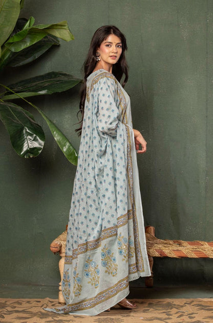 Natural Fab Women’s Light Blue Floral Printed Angrakha Style Kurti Set with Pants & Dupatta