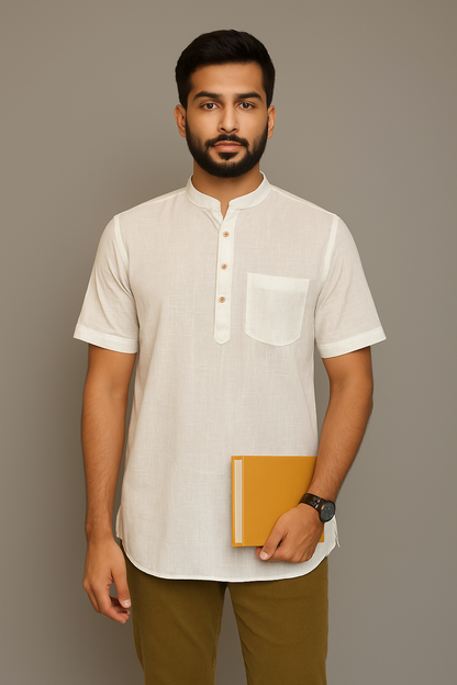 Men’s Short Kurta in White Cotton – Mandarin Collar