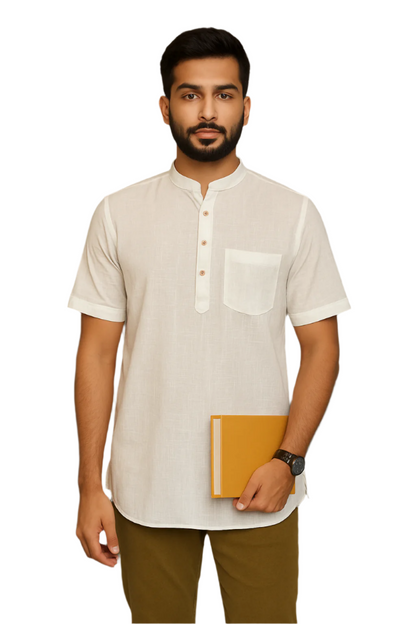 Men’s Short Kurta in White Cotton – Mandarin Collar