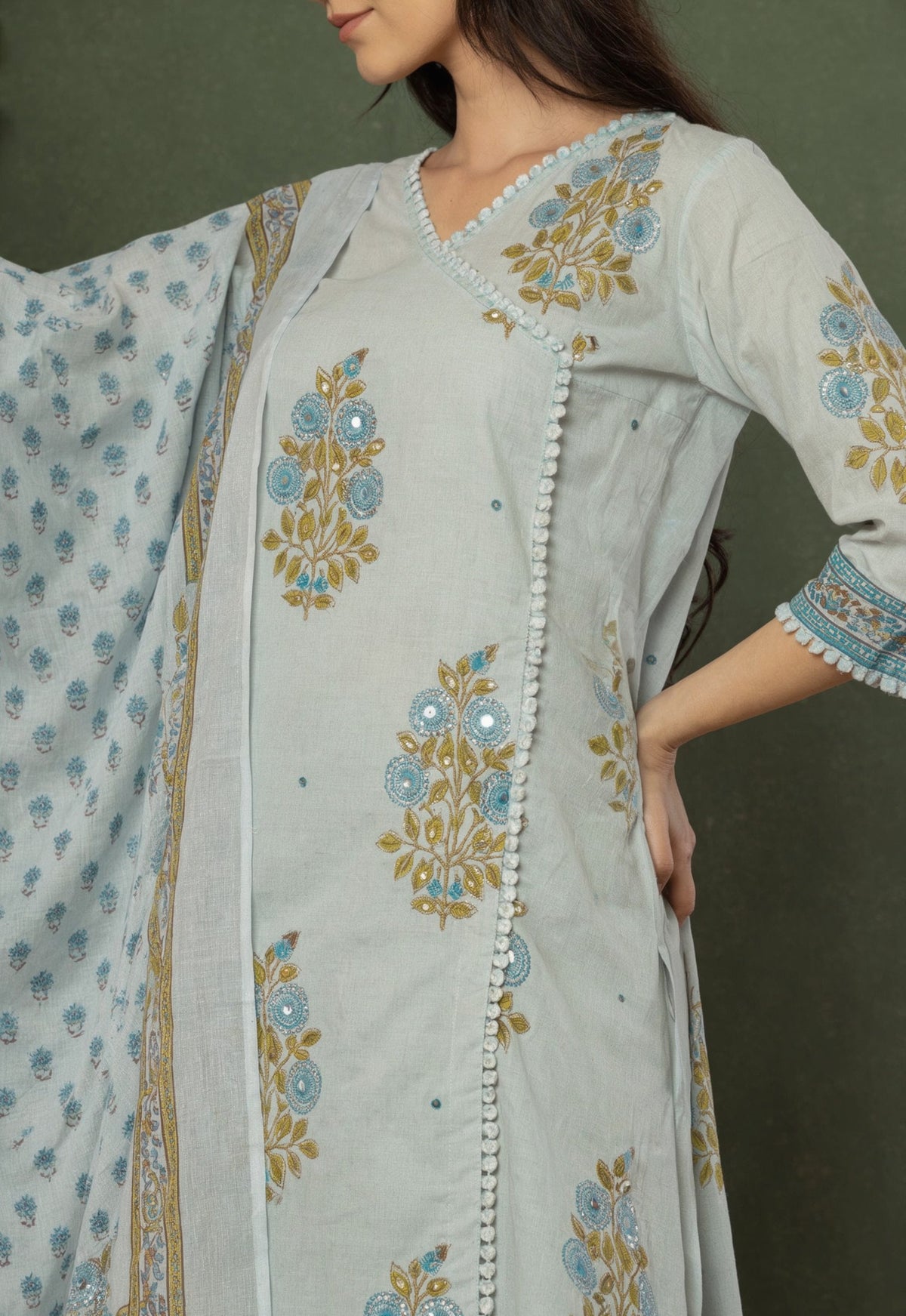 Natural Fab Women’s Light Blue Floral Printed Angrakha Style Kurti Set with Pants & Dupatta