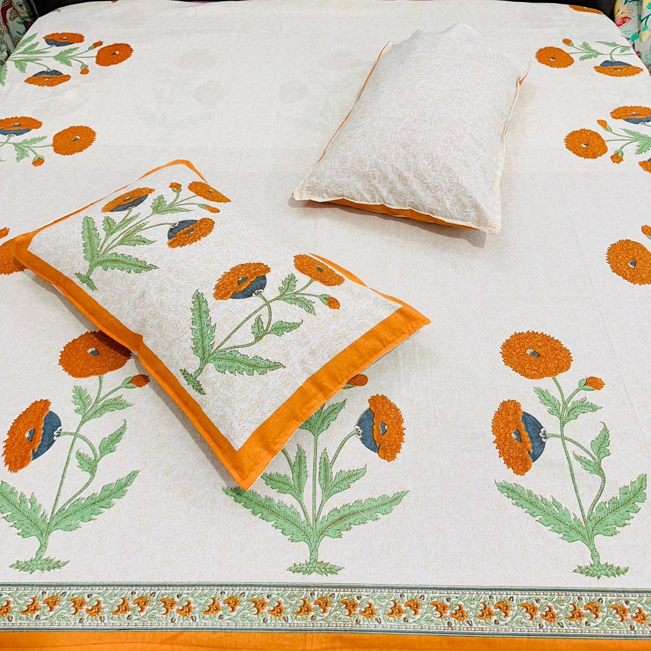 Orange Border with Orange, Blue, and Green Floral Design, bed sheet