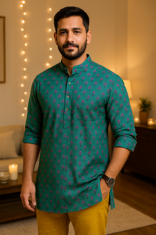 Dark Green Printed Cotton Kurta for Men