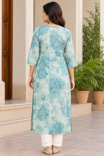 Women's Aqua Mint Green Floral Printed Straight Maslin Long Kurti with 3/4 Sleeves & Keyhole Neck
